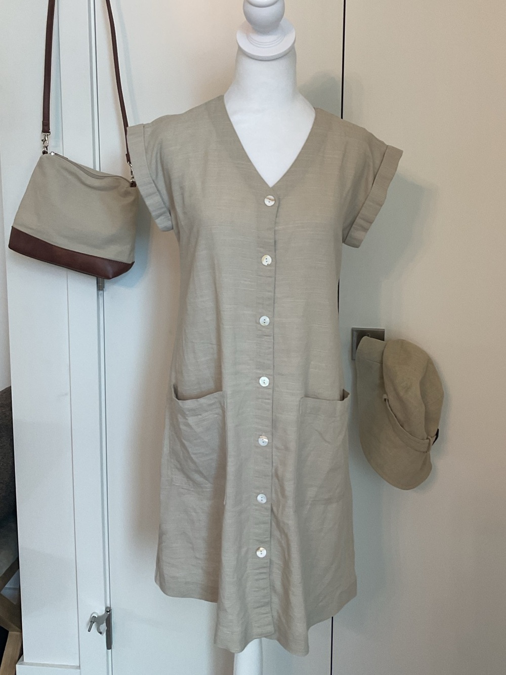 ***Studio One** Beige Textured Linen Mix Shirt Dress.